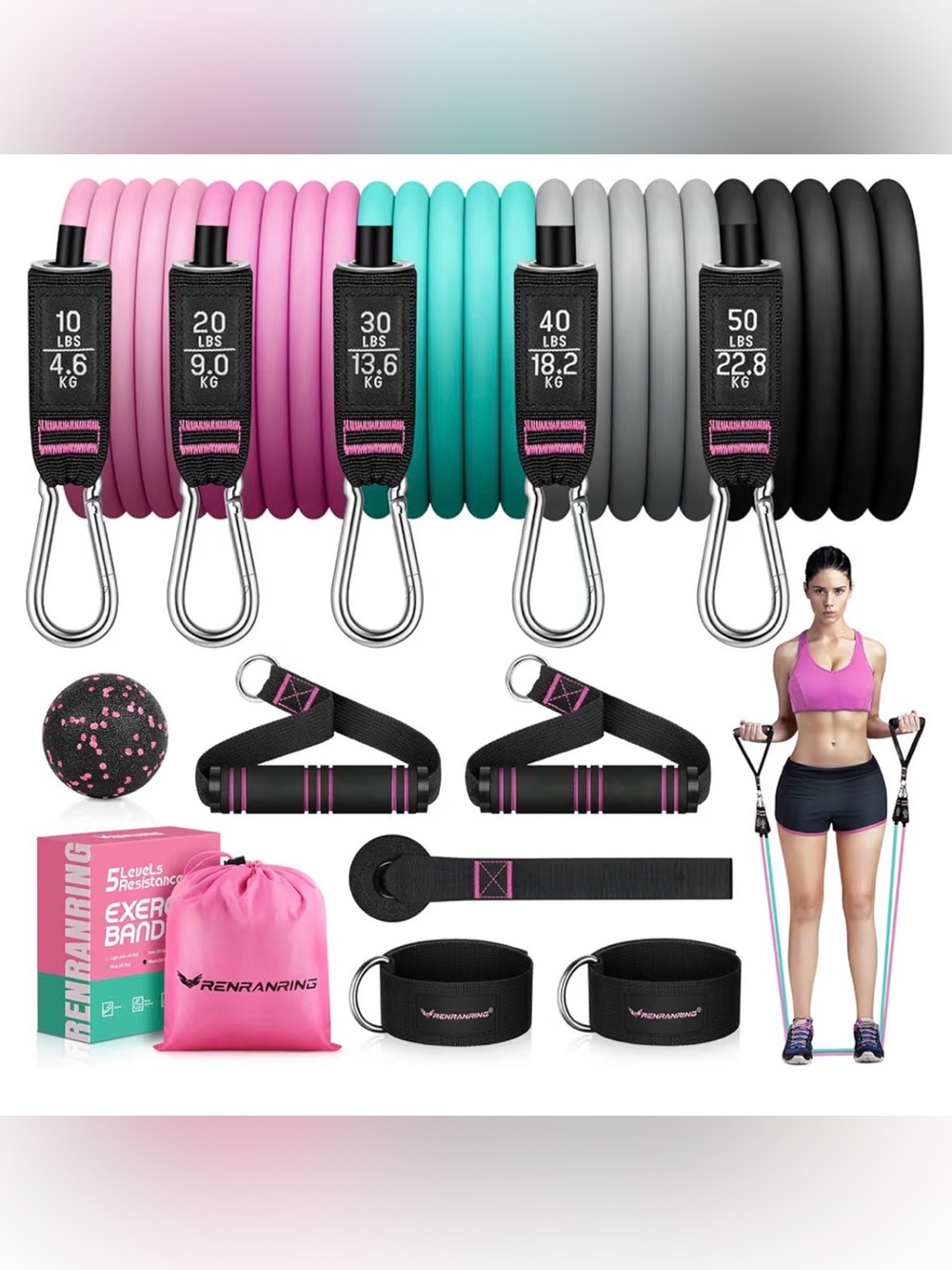 RENANRANG Resistance Band Set - 5 Levels (Pink, Teal, Gray, Black)